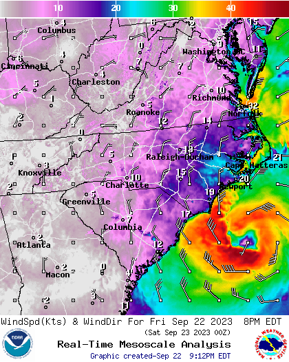 weather forecast graphic, showing wind speed and direction in the Southeastern US and in particular of Tropical Storm Ophelia